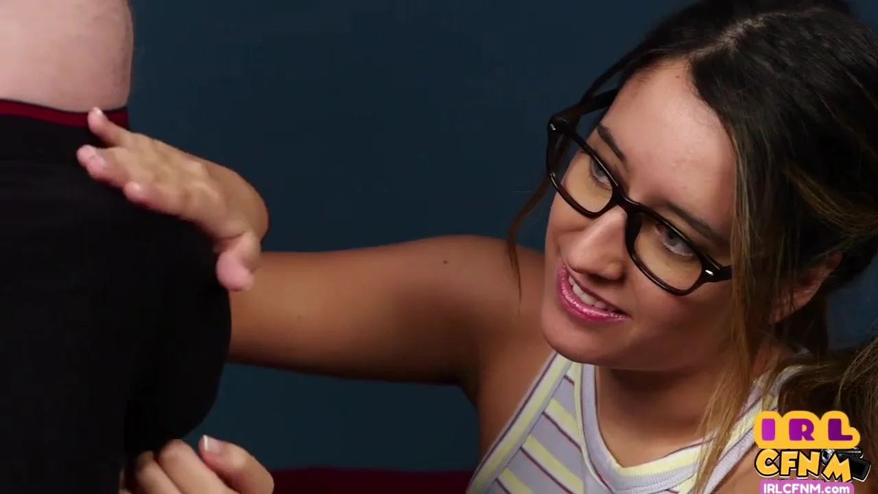 CFNM amateur 21yo with glasses sucking and jerking cock