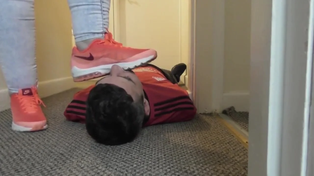 sneaker crush pov, face trample, face stomping, face kicking, sweaty feet