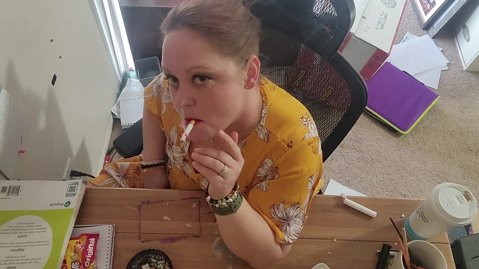 Sexy Brunette Secretary Having A Much Needed Smoke!!